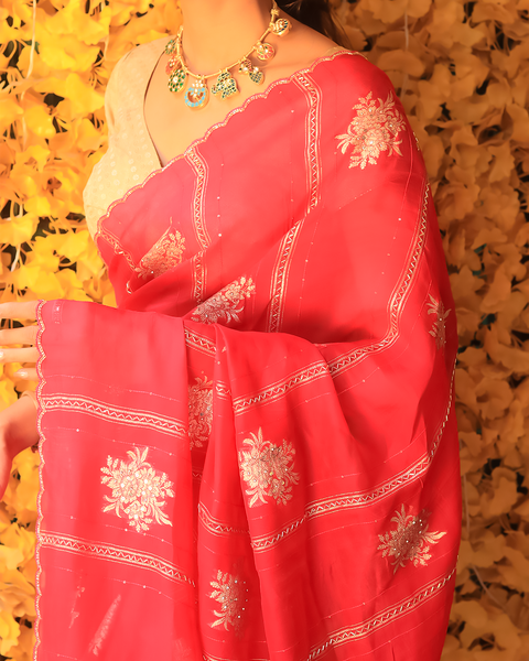 Rani Pink Georgette Saree With Floral Designes