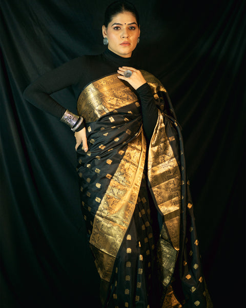 Black Banarasi Silk Saree with Golden Zari Work