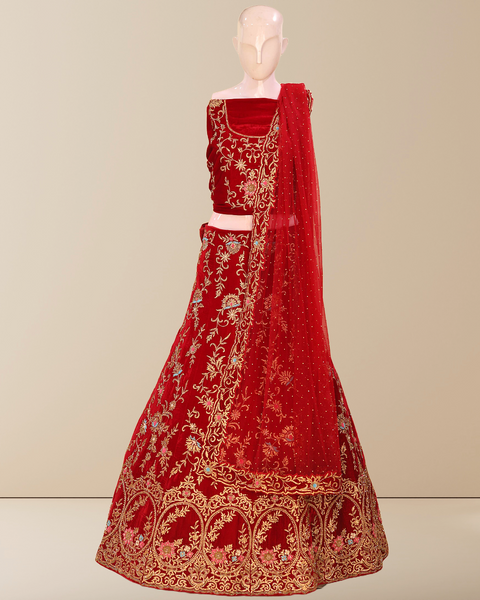 Regal Maroon Velvet Bridal Lehenga with Zardosi Work
