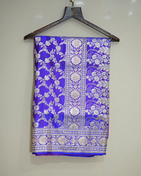 Royal Blue Banarasi Silk Saree with Intricate Silver Banarasi Zaal Weaving