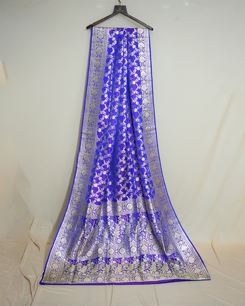 Royal Blue Banarasi Silk Saree with Intricate Silver Banarasi Zaal Weaving