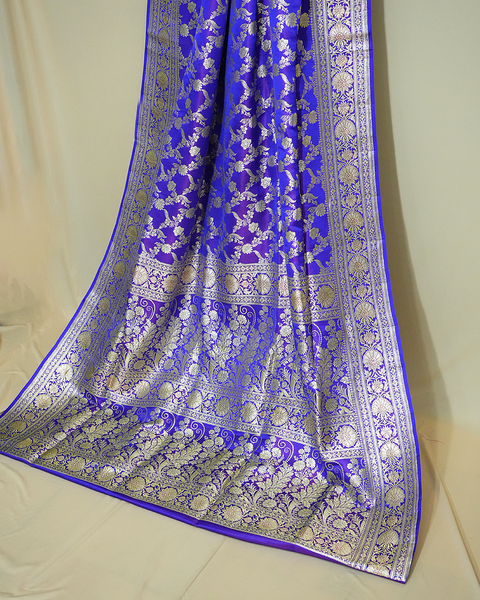 Royal Blue Banarasi Silk Saree with Intricate Silver Banarasi Zaal Weaving