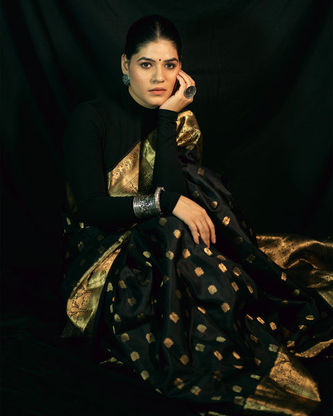 Black Banarasi Silk Saree with Golden Zari Work