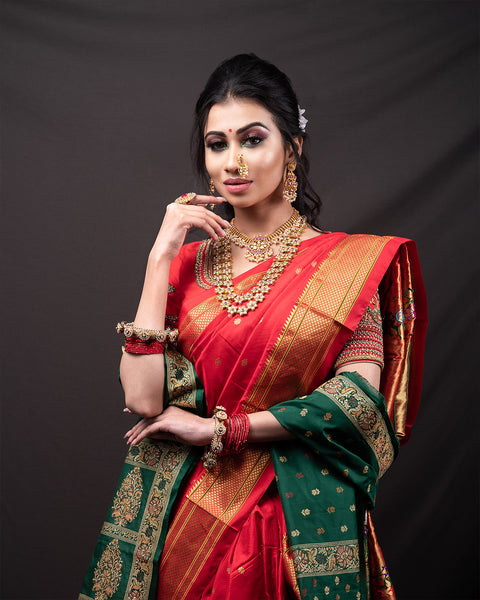 Red Pure Silk Paithani Saree with Chataie Border