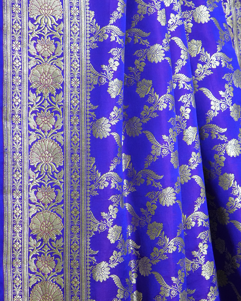 Royal Blue Banarasi Silk Saree with Intricate Silver Banarasi Zaal Weaving