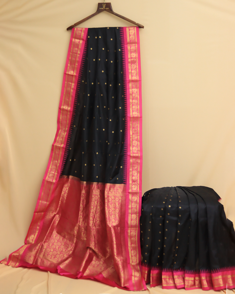 Black Paithani Saree with Rani Pink Border and Blouse