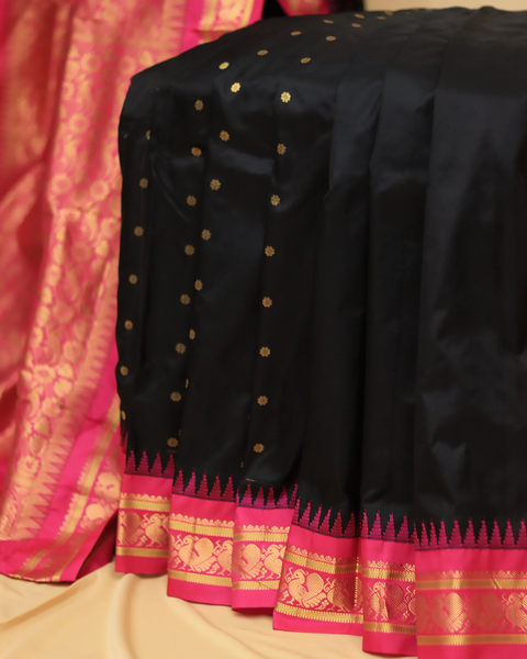 Black Paithani Saree with Rani Pink Border and Blouse