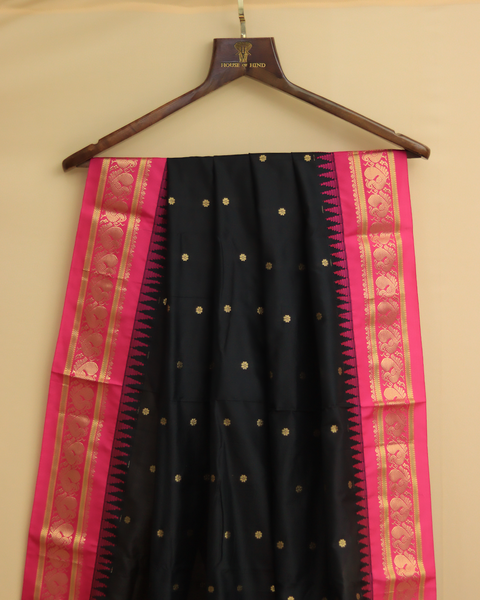 Black Paithani Saree with Rani Pink Border and Blouse