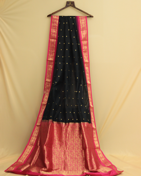 Black Paithani Saree with Rani Pink Border and Blouse