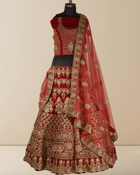 Deep Maroon Velvet Bridal Lehenga with Cut Dana and Sequin Handwork
