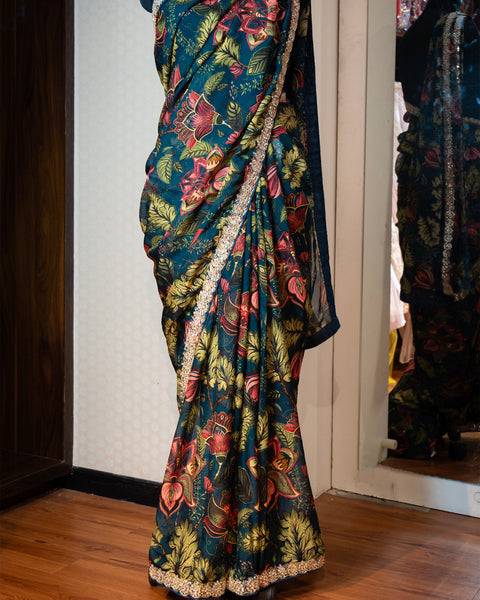 Teal Green Floral Print Designer Saree with Matching Unstitched Blouse