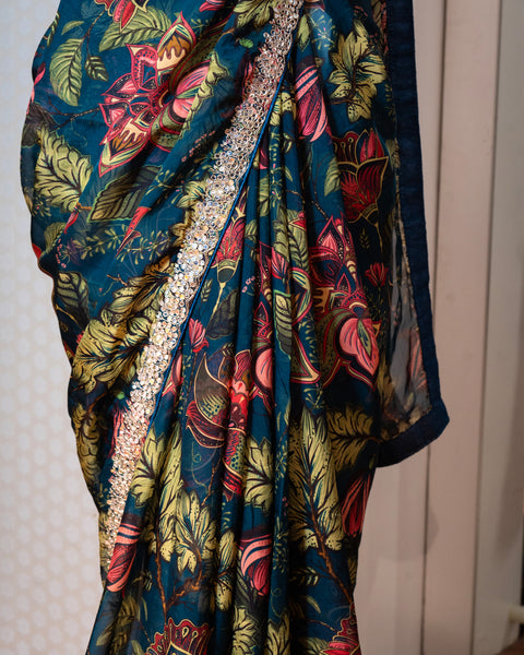 Teal Green Floral Print Designer Saree with Matching Unstitched Blouse