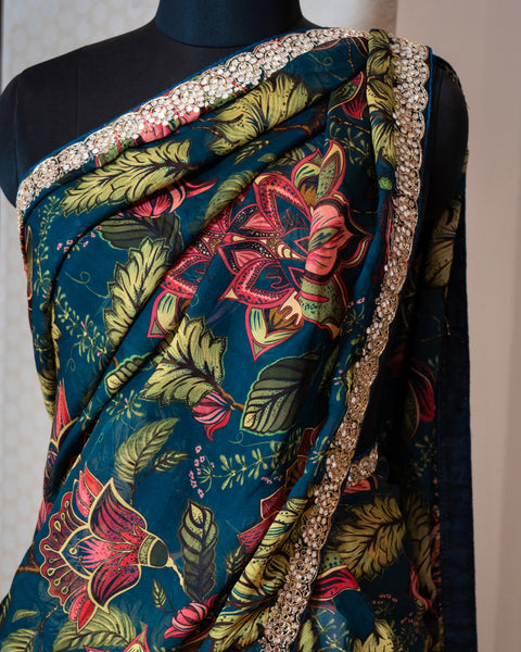 Teal Green Floral Print Designer Saree with Matching Unstitched Blouse