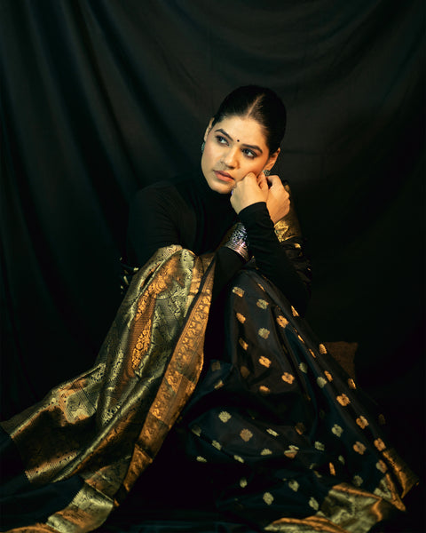 Black Banarasi Silk Saree with Golden Zari Work