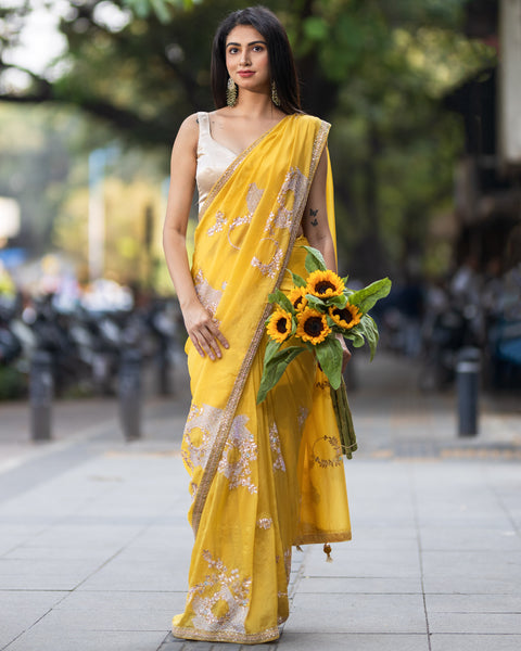 Yellow Designer Organza Saree