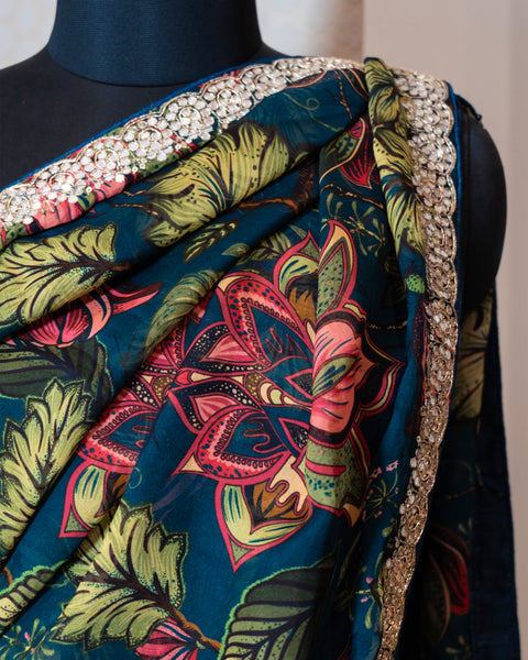 Teal Green Floral Print Designer Saree with Matching Unstitched Blouse