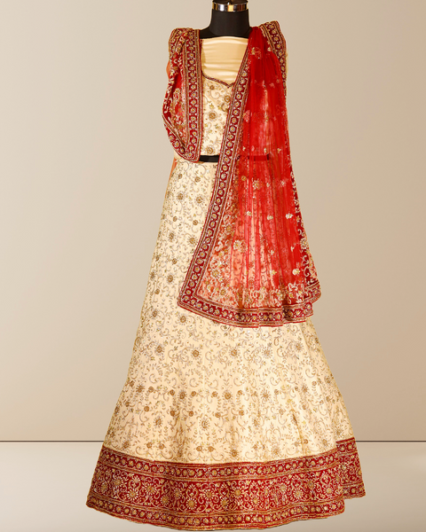Striking Red and White Muslin Silk Bridal Lehenga with Zardosi Handwork