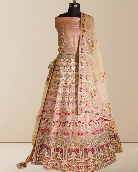 Enchanting Baby Pink and Purple Raw Silk Bridal Lehenga with Zardosi Handwork
