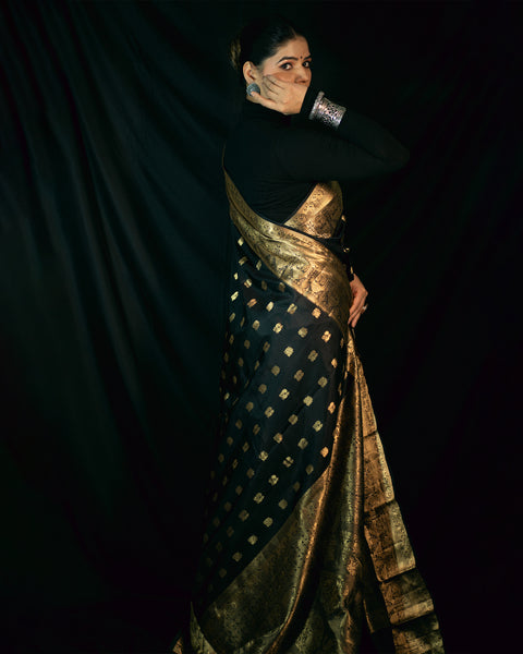 Black Banarasi Silk Saree with Golden Zari Work