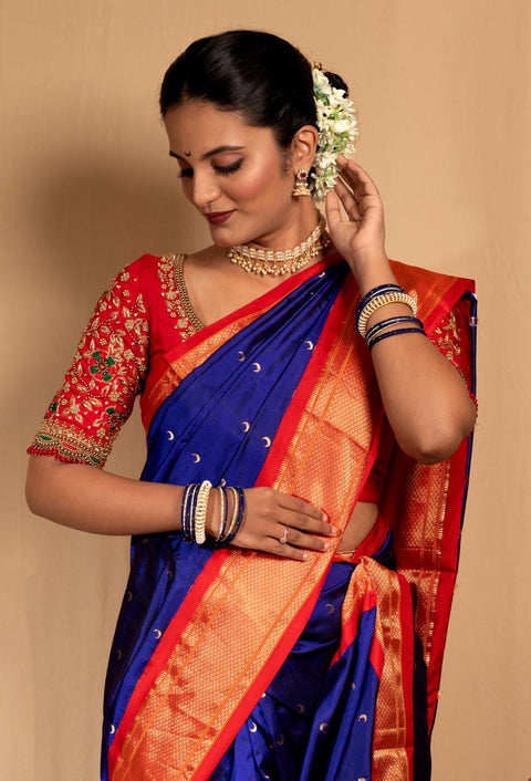 Royal Blue & Red 9 Yard Paithani Pure Silk Saree