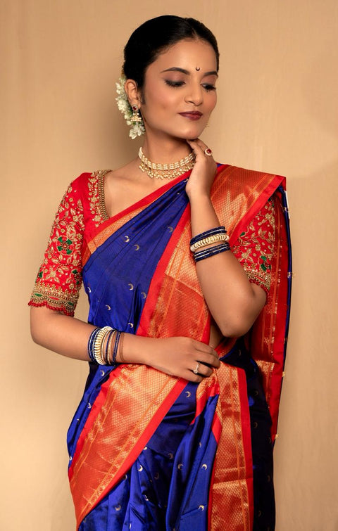 Royal Blue & Red 9 Yard Paithani Pure Silk Saree