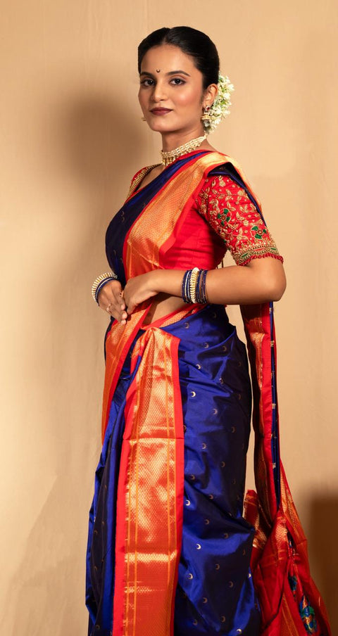 Royal Blue & Red 9 Yard Paithani Pure Silk Saree