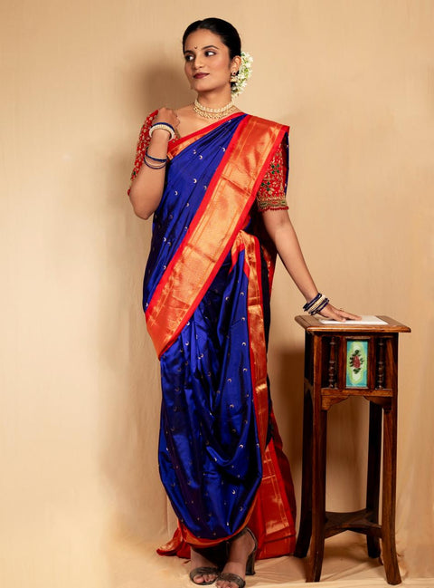 Royal Blue & Red 9 Yard Paithani Pure Silk Saree