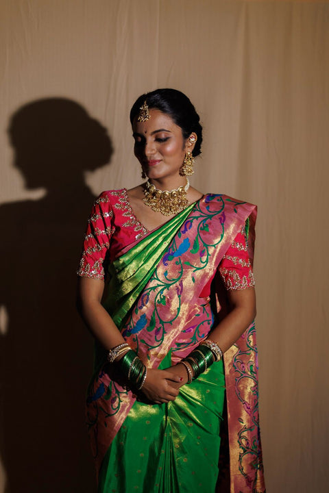 Emerald Green Paithani Saree with Peacock Motifs
