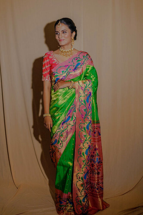 Emerald Green Paithani Saree with Peacock Motifs