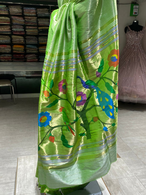 Lime Green Single Munia Paithani Saree in Pure Silk