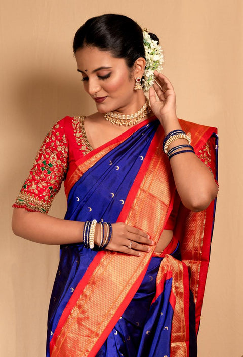 Royal Blue & Red 9 Yard Paithani Pure Silk Saree