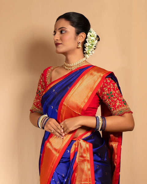 Royal Blue & Red 9 Yard Paithani Pure Silk Saree