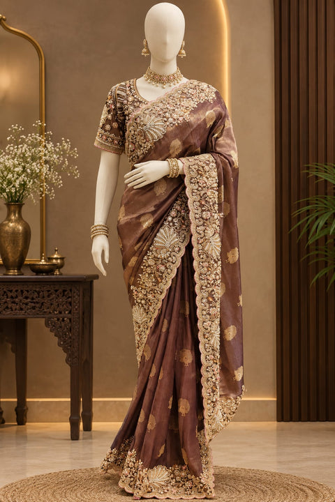 Elegant Brown Designer Saree with Heavy Kadhdana Zardozi Border