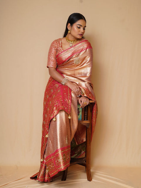 Champagne Gold & Rani Pink Kanjivaram Pure Silk Saree
