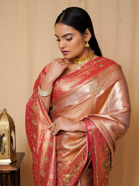 Champagne Gold & Rani Pink Kanjivaram Pure Silk Saree