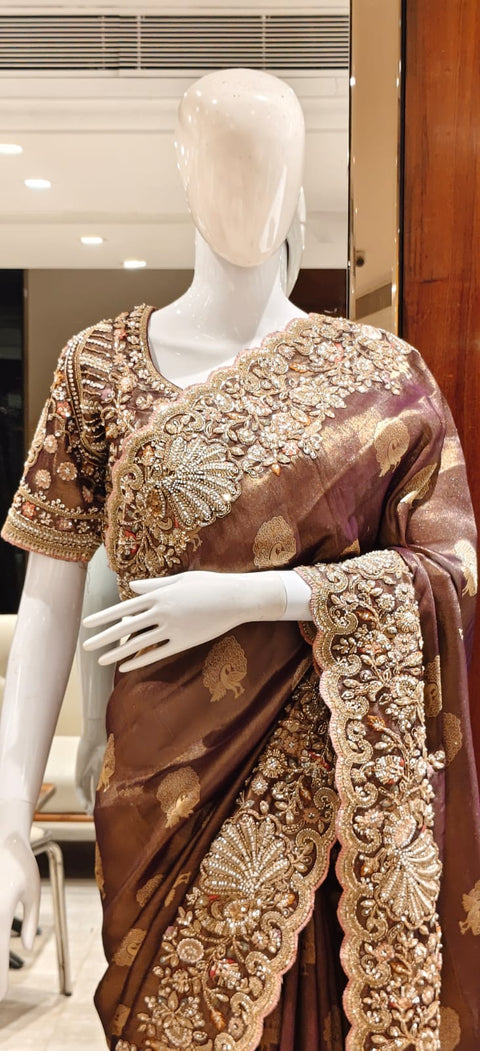 Elegant Brown Designer Saree with Heavy Kadhdana Zardozi Border
