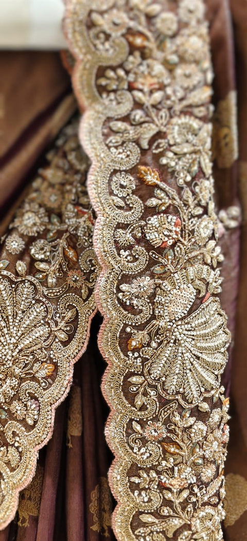 Elegant Brown Designer Saree with Heavy Kadhdana Zardozi Border