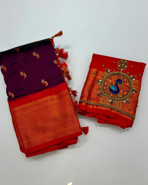 Semi Silk Paithani in Wine Colour with Designer Embroidered Blouse Piece