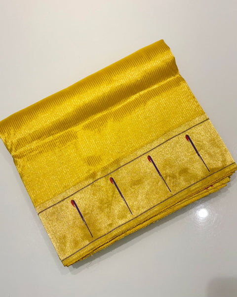 Yellow Pure Silk Heirloom Paithani with Single Muniya & Tissue Stripes