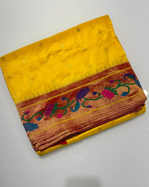 Yellow Pure Silk Paithani with Peacock & Lotus Border