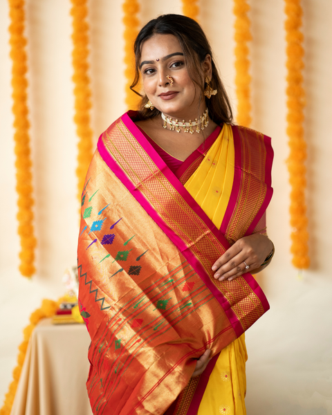 Yellow Paithani Saree with Contrasting Pink Traditional Border and Pallu