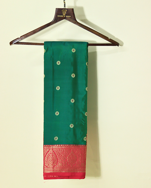 Bottle Green and Red Semi-Silk Kanjivaram Saree with Zari Border