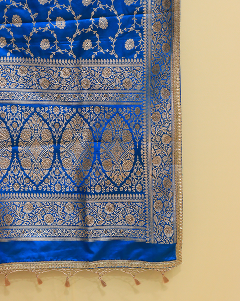 Electric Blue Banarasi Shela with Silver and Gold Jaal