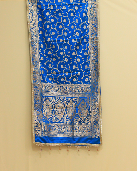 Electric Blue Banarasi Shela with Silver and Gold Jaal