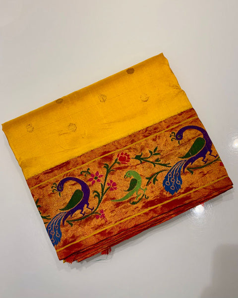 Yellow Pure Silk Heirloom Paithani with Parrot & Peacock Border