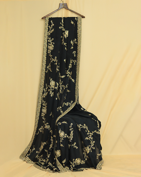 Georgette Embroidery Black Saree with Designer Details