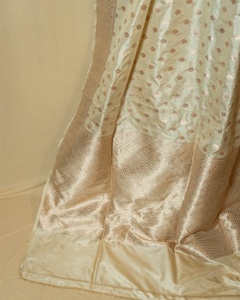 White Banarasi Pure Silk Saree Shalu with Light Golden Zari Work