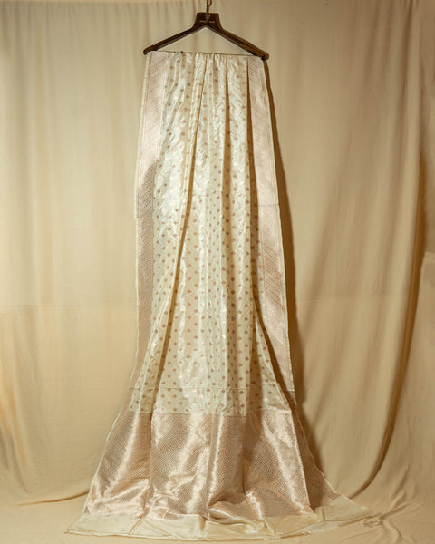 White Banarasi Pure Silk Saree Shalu with Light Golden Zari Work