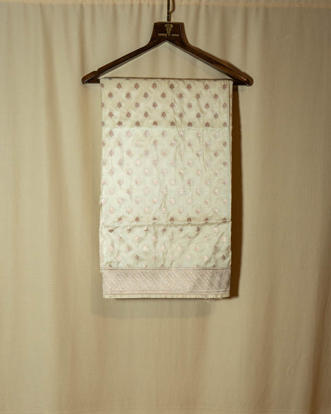 White Banarasi Pure Silk Saree Shalu with Light Golden Zari Work
