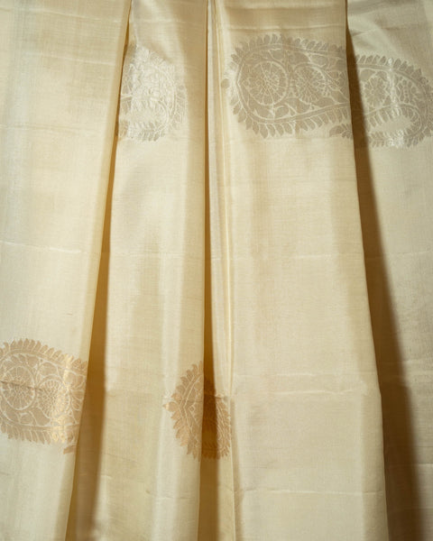 Off-White Kanjeevaram Pure Silk Saree with Silver and Golden Zari Work